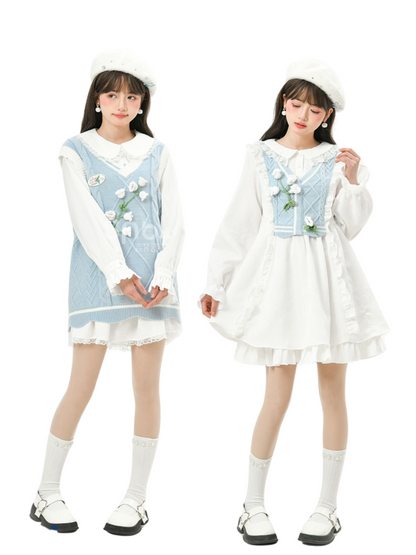 Ensemble Bellflower, robe chemise, jupe et gilet