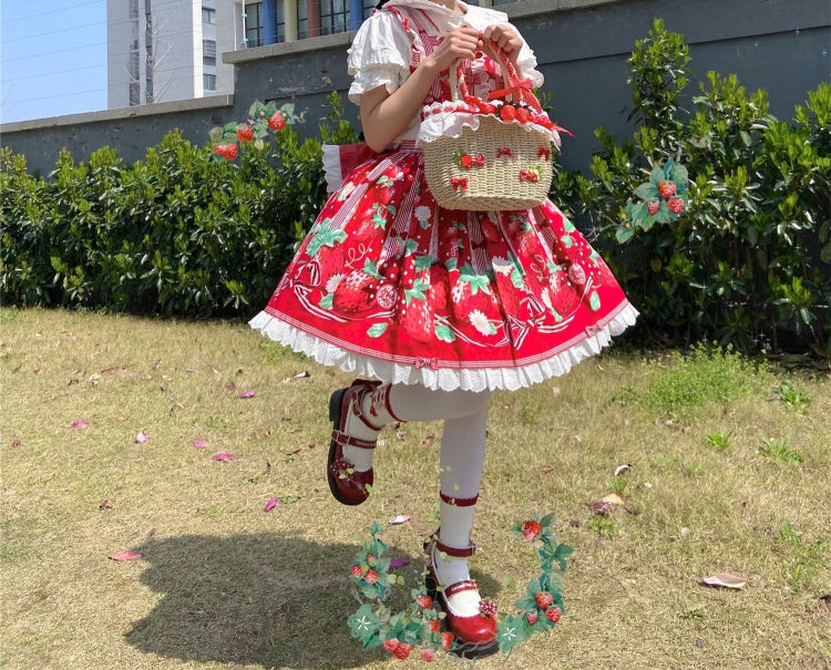 Crochet Bag Red Strawberry and Bowknot Decorative Tote Bag