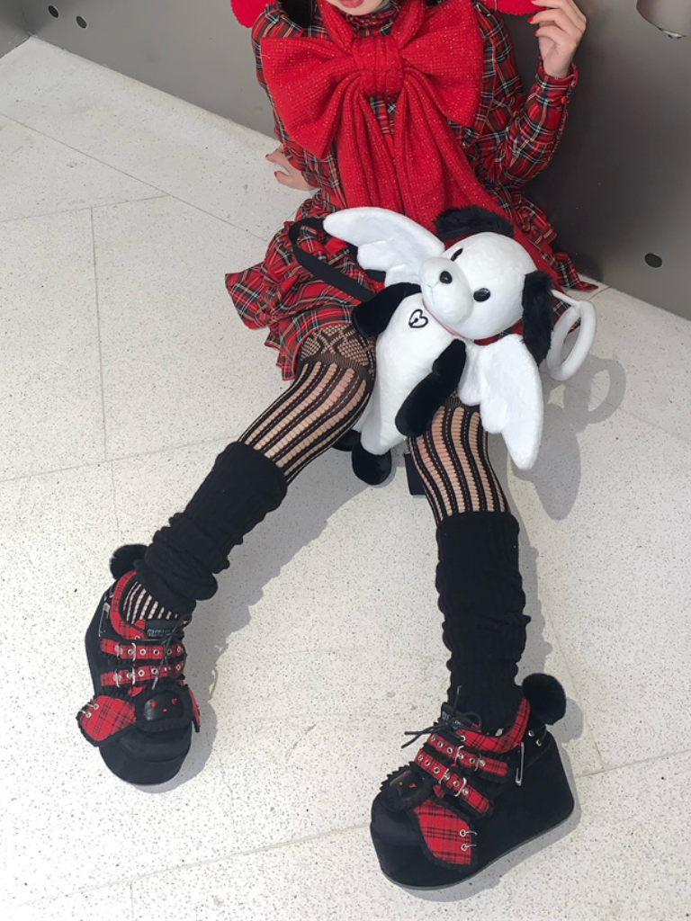 Bunny Shoes Dark Red Check Red All Platform