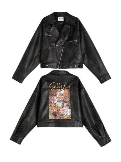 Veste en cuir rétro avec motif à l'huile et jupe en cuir