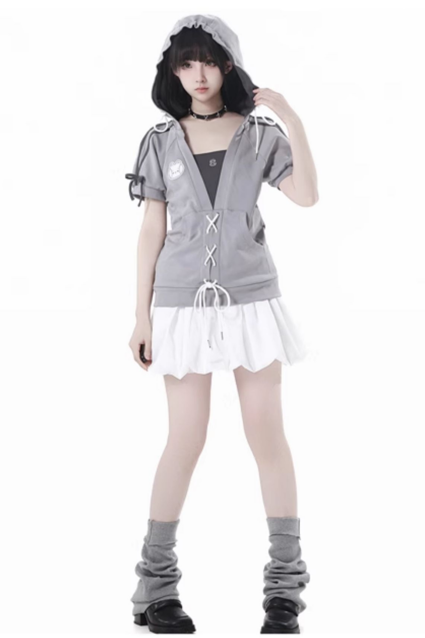 loose Lace-up skirt balloon top hooded t-shirt +