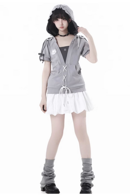 loose Lace-up skirt balloon top hooded t-shirt +