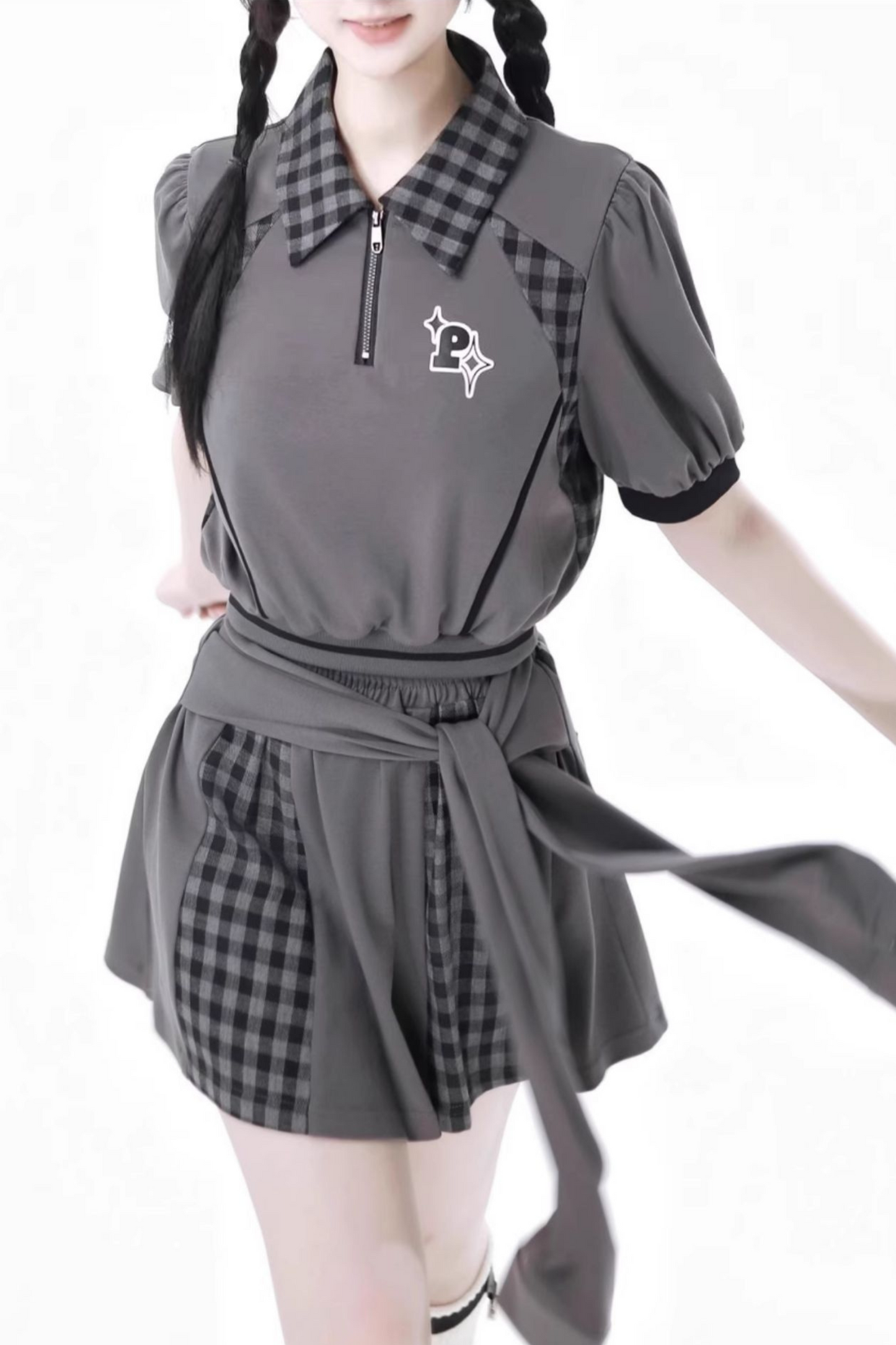 Mode Top Check Pants Skirt Casual Wide +