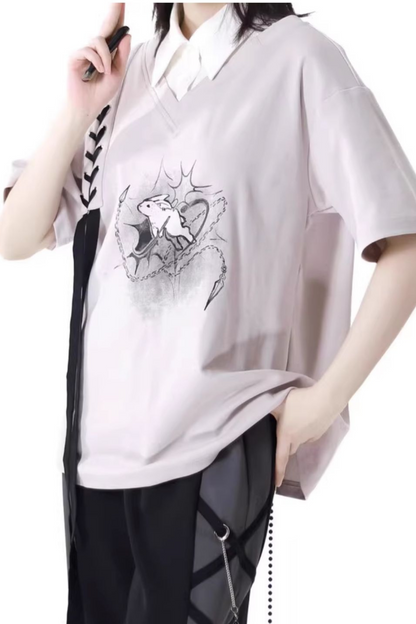 Mode top T-shirt pants wide + design lace-up waist