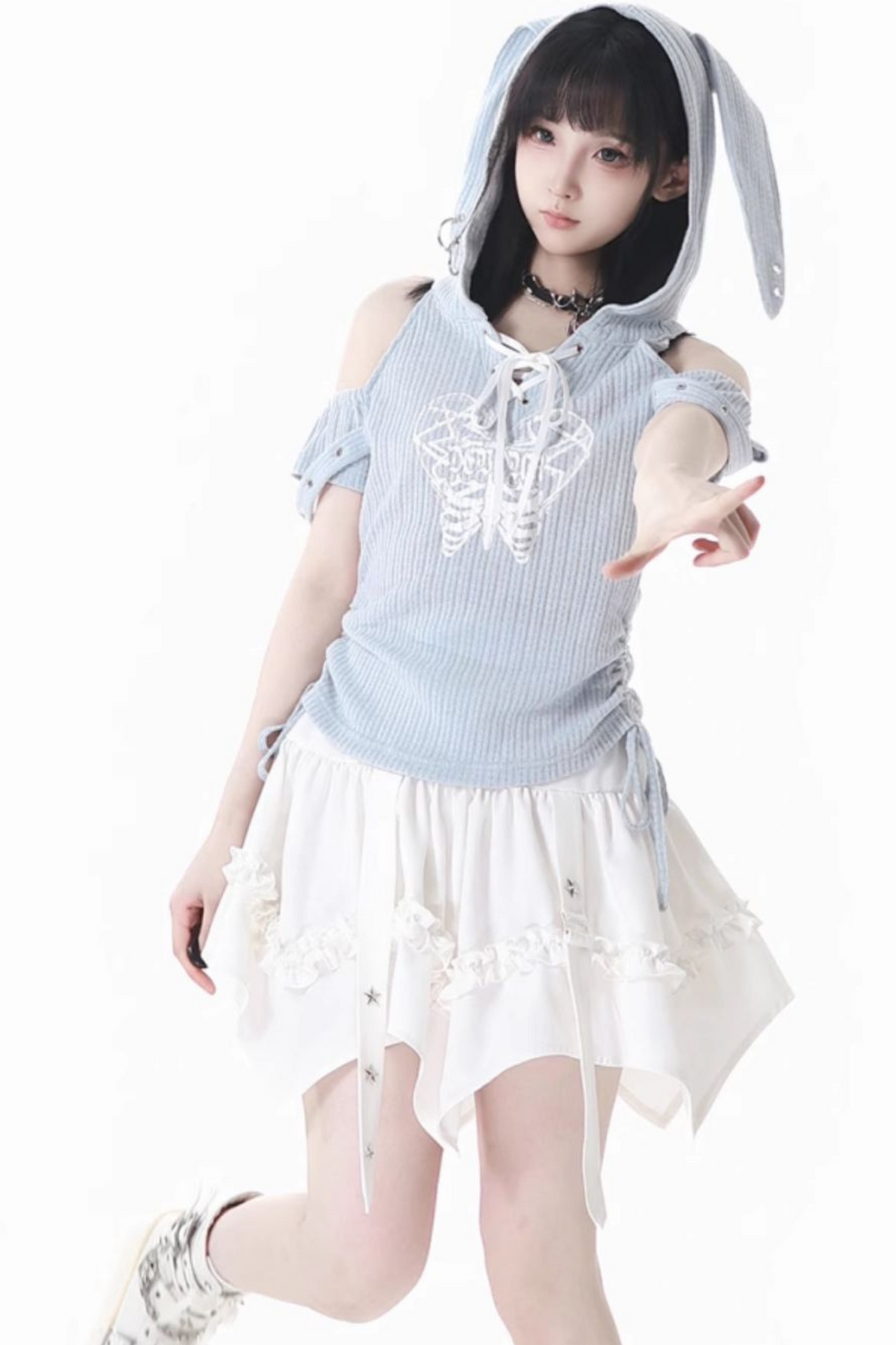 off-the-shoulder cake top + Rabbit hooded skirt