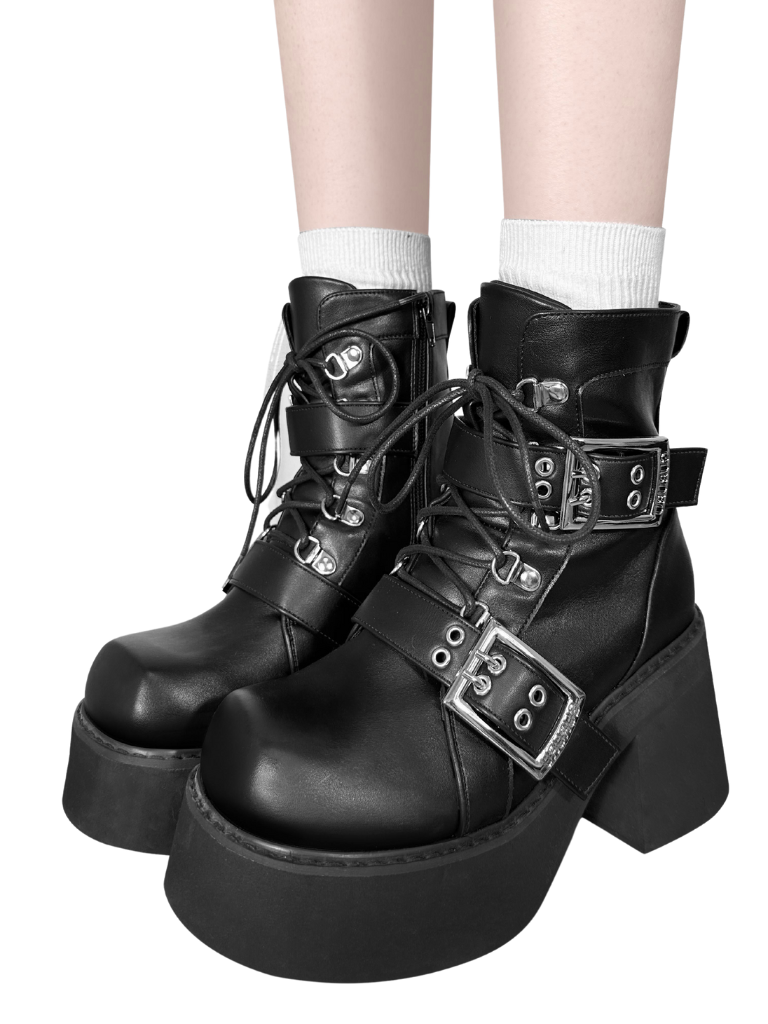 Bottes courtes noires style punk mat à bout carré style sous-culture Y2K