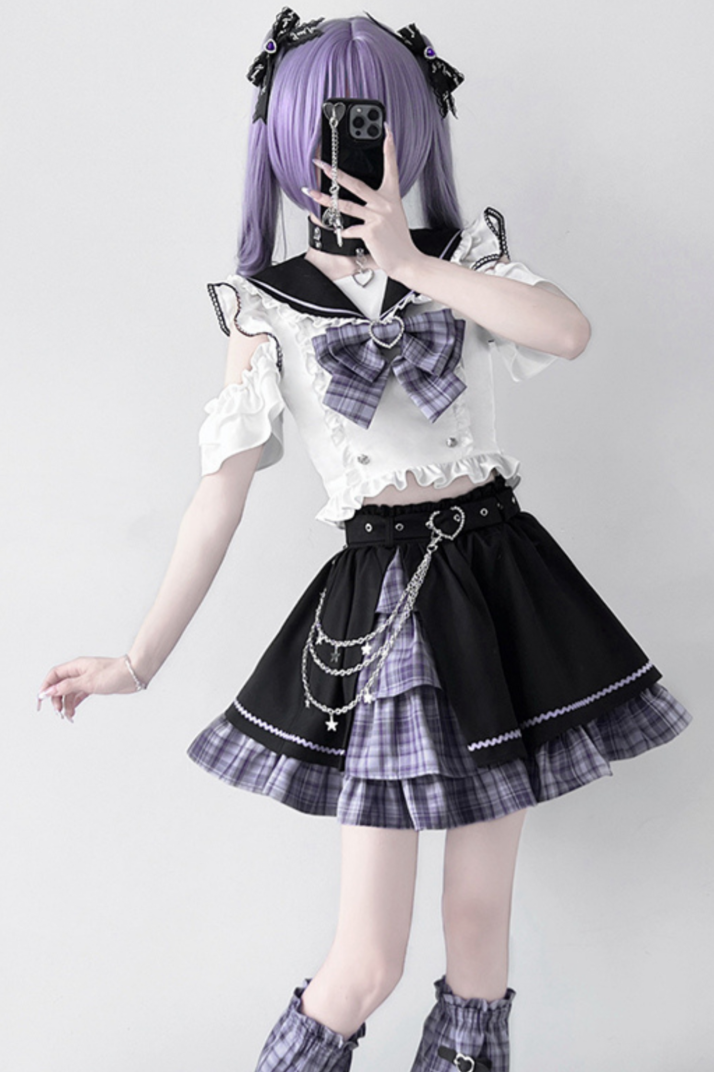 Set Sailor Flared Check Top + Skirt Mine