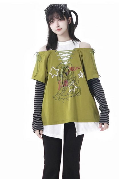 Lace-Up Flared Pants Illustrated Top Subculture + Girl