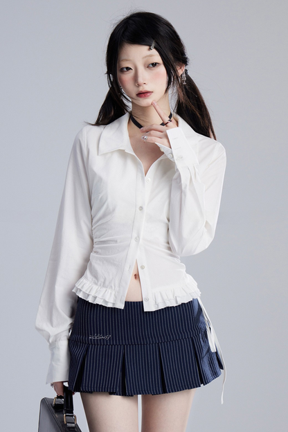 Vネック モデストプリーツブラウス スリム