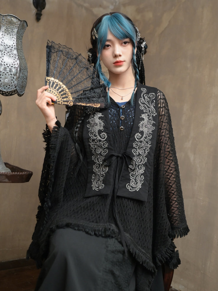 Tassel Embroidery Hem Black Cheongsam Cape Cardigan Style Detachable Seahorse with and Collar Hollow-out Coral