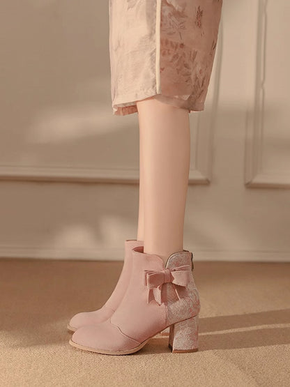 Absatzversion Normal/Dicke Lolita mit Schleife Stiefel Qi Block Akzent Satin Kombination und Wildleder