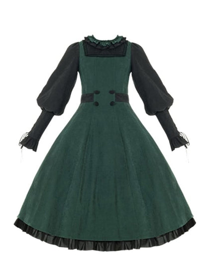 Dark Academia Green and Black Leg-of-Mutton Sleeves Lolita Dress