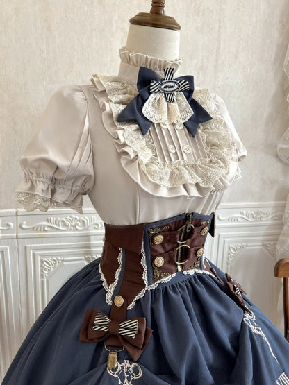 Apricot Ruffle Neckline Shirt + Brown Corset Belt + Blue Skirt Steampunk Lolita Set