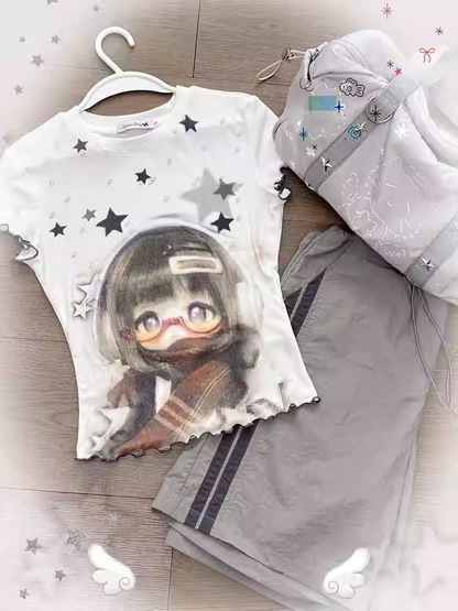 T-shirt Hem Star Print White BJD Ruffled Doll and