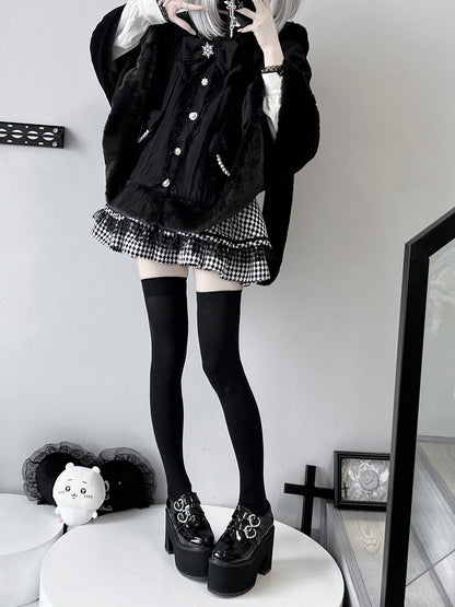 Design Detachable Plush Cape Bowknots Hood Jirai Kei Black Bunny Ears