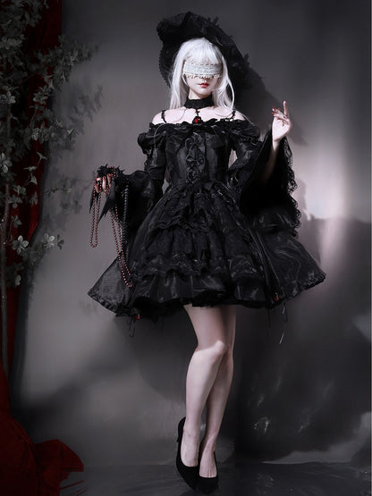 Kuro Drawstring Dress Bell Sleeves Skirt Gothic Black Bowknot Lolita Details and Layered