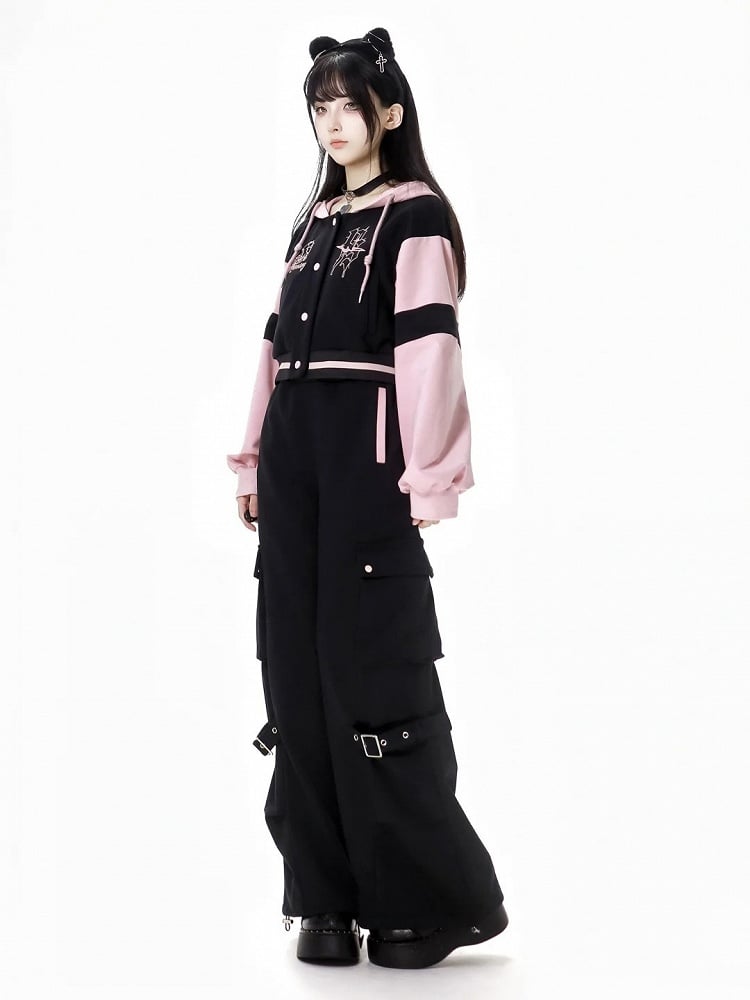 Black Elastic Waist Buckle Straps Cargo Pants