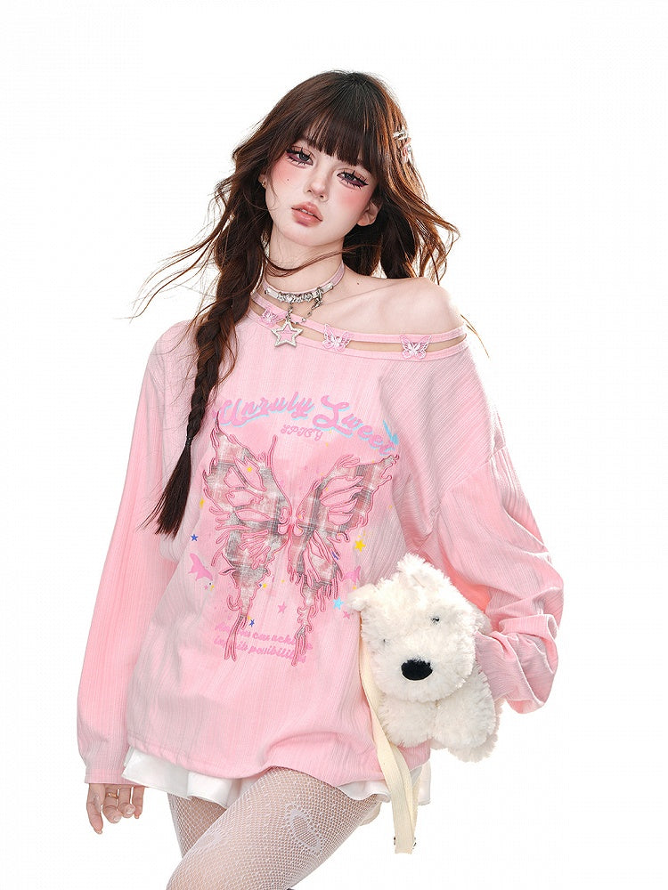 Graphic Pink/Apricot Asymmetrical Neckline Butterfly Embroidered Loose Top