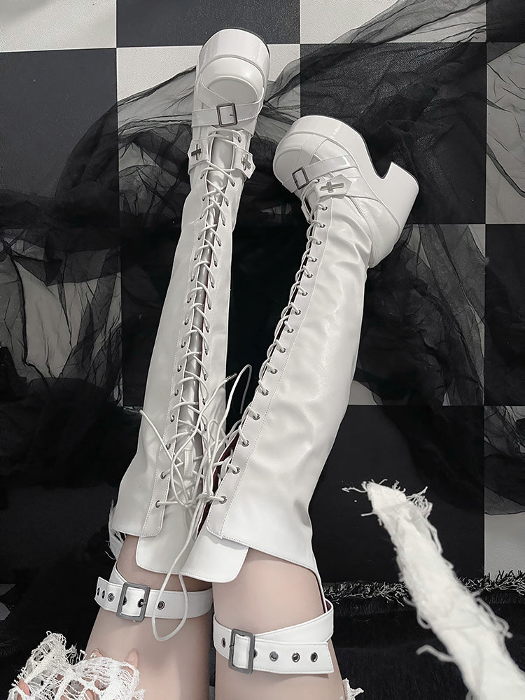 Matte White Front Lace-up Ties Buckle Straps Heel Platform Thigh-high Boots