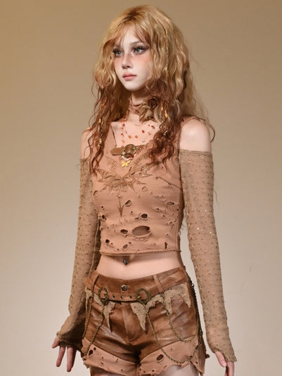 Studs Shoulder Wasteland Buckle Cutout Punk Accents Top Brown Light Decorated