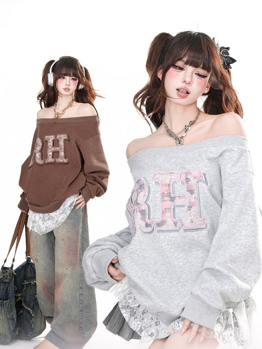 Brown/Gray Off-the-shoulder Neckline Letter Loose Sweatshirt