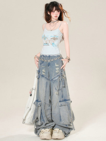 Glamorous Cami And Butterfly Lace Letter Print Top Trim Blue