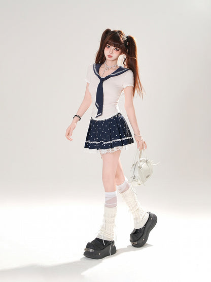 + T-Shirt-Set Plissee Matrosenmuster Polka Dot Abnehmbarer blauer Rock Marine Aprikose Eng anliegender Kragen