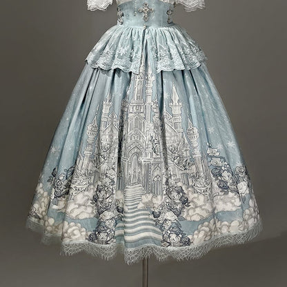 White Skirt High Cape Waist Top Cami + Tulle Print Castle Blue