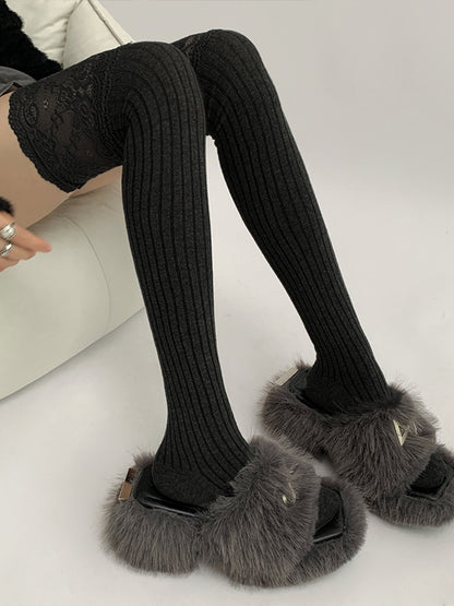 Lace Gray/Beige/Light Gray White/Black/Dark Knitted Over-knee Trim Stockings