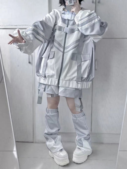 White Gray Cyberpunk Buckle Straps Hooded Zip Jacket