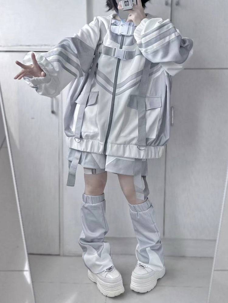 White & Gray Cyberpunk Patch Pockets Elastic Waist Jirai Kei Shorts
