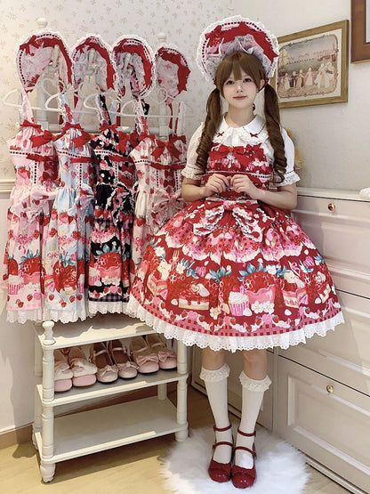 Sweet and Strawberry Print Lolita Dessert Dress Red