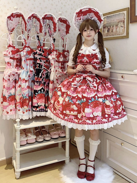 Sweet and Strawberry Print Lolita Dessert Dress Red