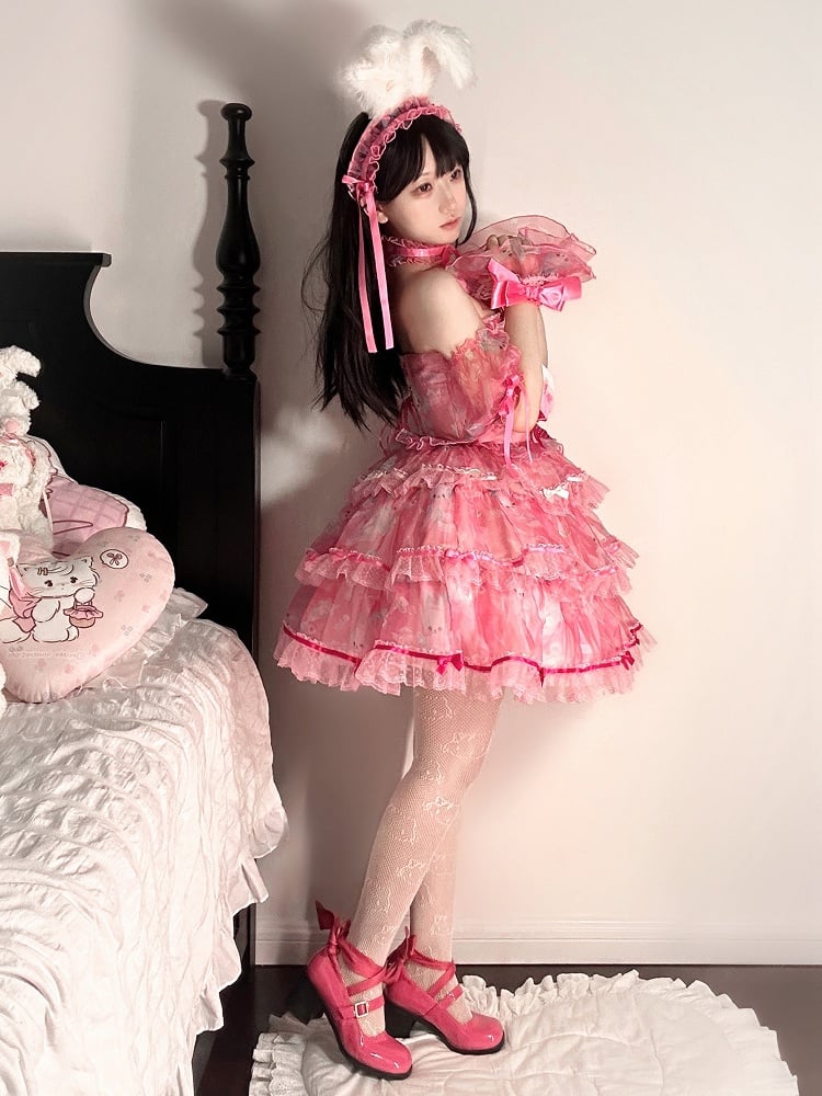 Cute Bunny Satin Bows Decorated Tiered Skirt Pink Boning Dress