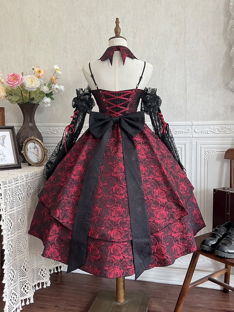 Black and Red Gothic Rosette Fabric High-low Skirt Dress Lolita JSK with Sleeves and Collar
