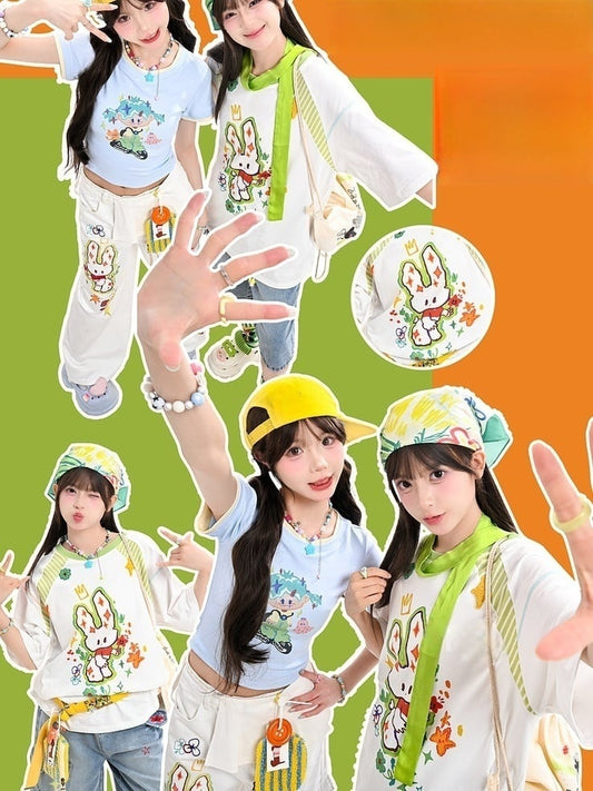 Cartoon Bunny Print White Round Neck Loose T-shirt