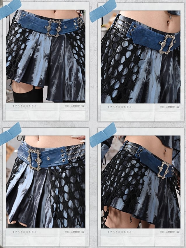 Grunge Punk Rock Fairy Blue Asymmetrical Hem Tie Dye Pleated Skirt with Free Chain Belt