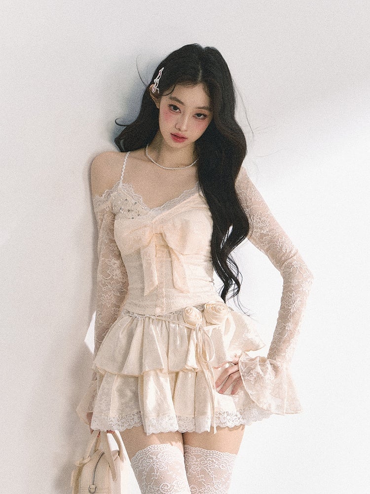 Shoulder Apricot V-Neck Cutout Big Bow Front Top