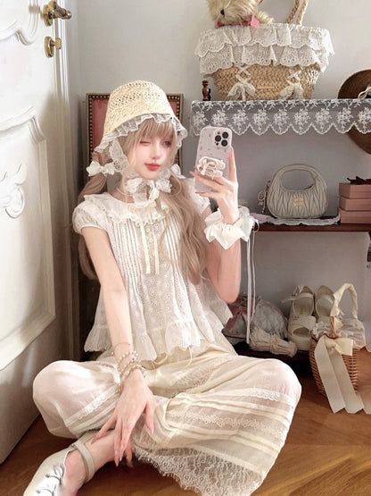 Bluse mit besticktem Besatz, weiße Dollcore-Blumenschleife mit Rüschen