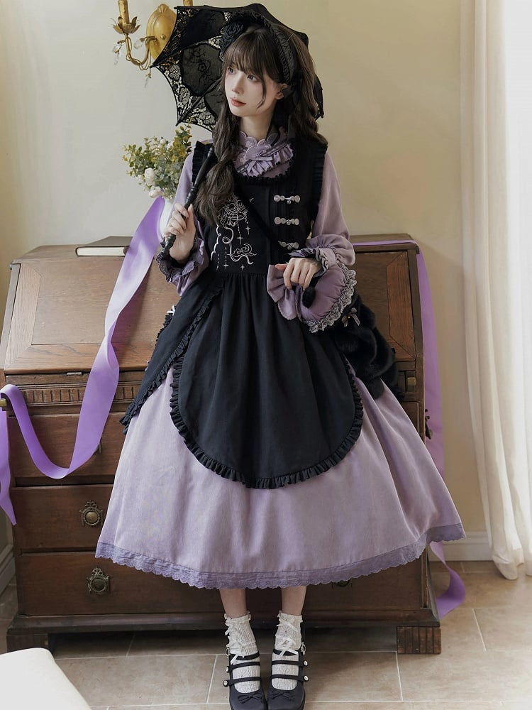 Purple Lily of the Valley Black Scalloped Edge Trim Hem Apron