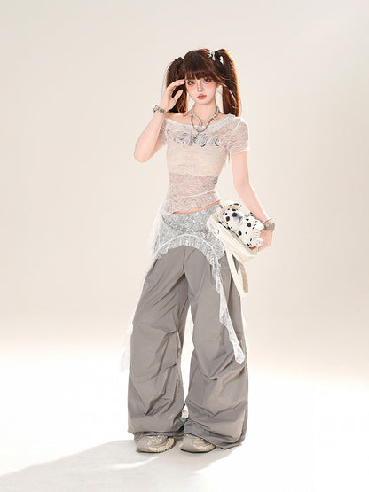 Gray/Black Low Light Rise Wide-Leg Pants with Waist Lace Accessory