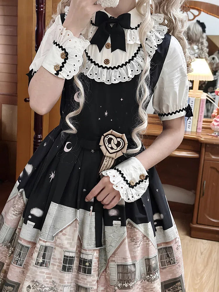Bakery Black Dress Short and Sleeves Lolita Night Print Starry