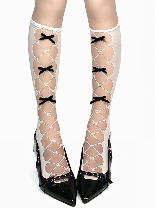 Stockings Details White/Black/Gray Cutout Under-Knee Design Bowknot
