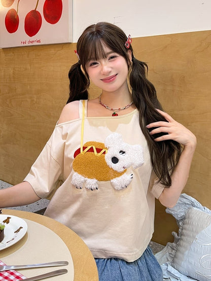 Puppy Applique T-Shirt Asymmetrical Neckline Hotdog Apricot Design
