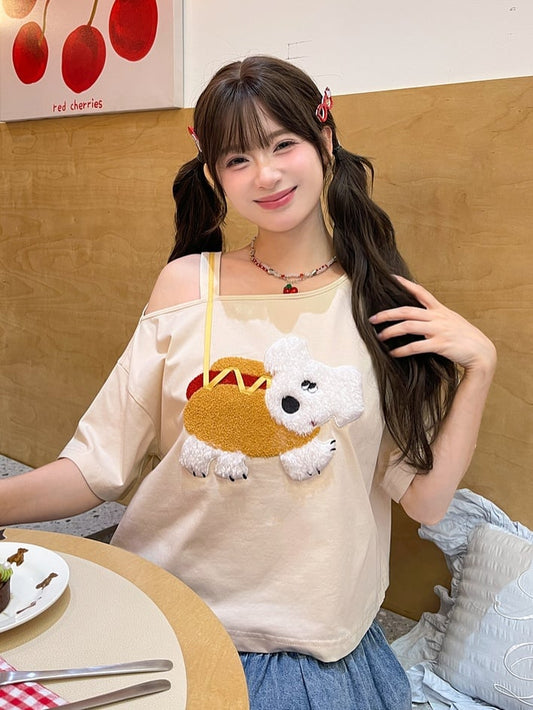 Puppy Applique T-Shirt Asymmetrical Neckline Hotdog Apricot Design