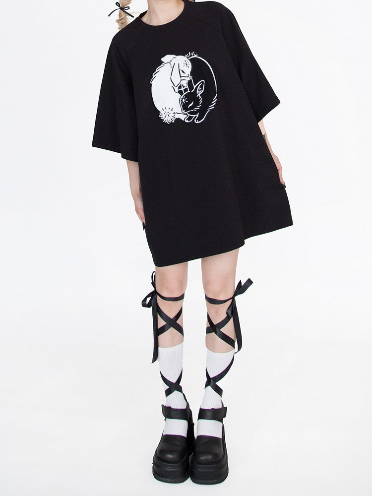 Black Bunny Embroidery Oversized T-Shirt