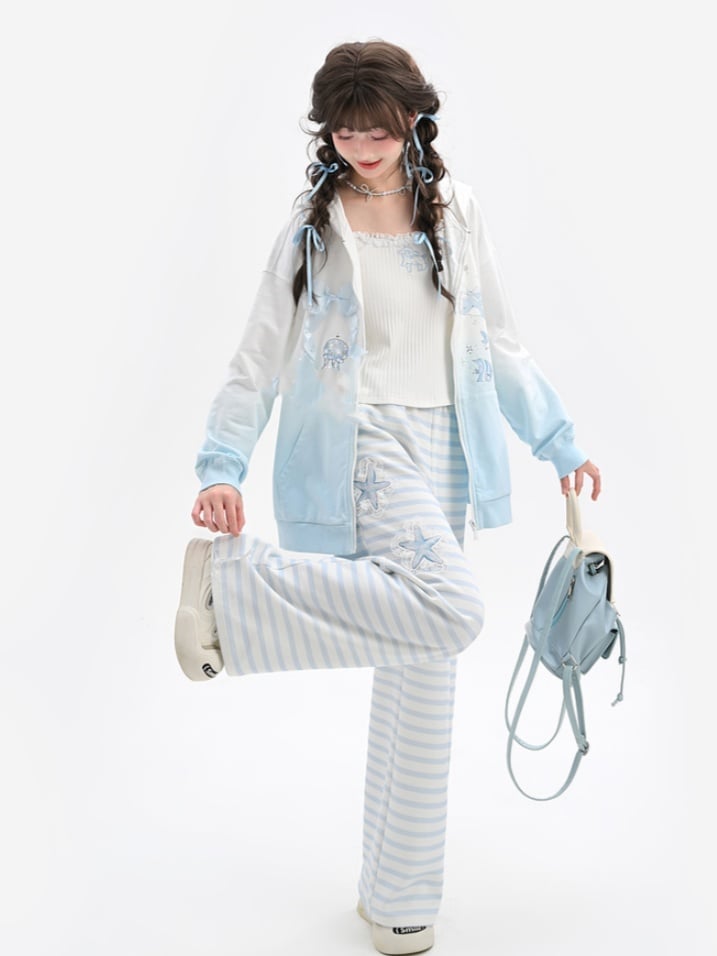 Blue and White Stripes Starfish Applique Straight-Leg Pants Regular/Short Version