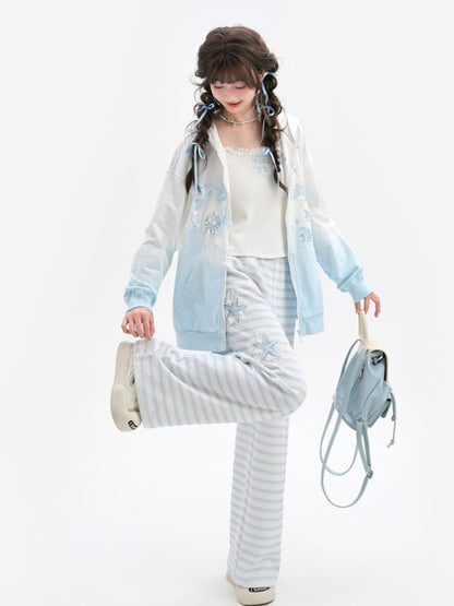 Blue and White Stripes Starfish Applique Straight-Leg Pants Regular/Short Version