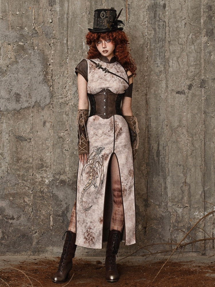 Steampunk Asymmetrical Sleeves Dragon Embroidery Dress