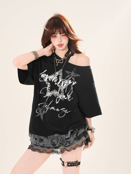 Cutout Shoulder Distressed Holes Hem Graphic T-Shirt Black/White